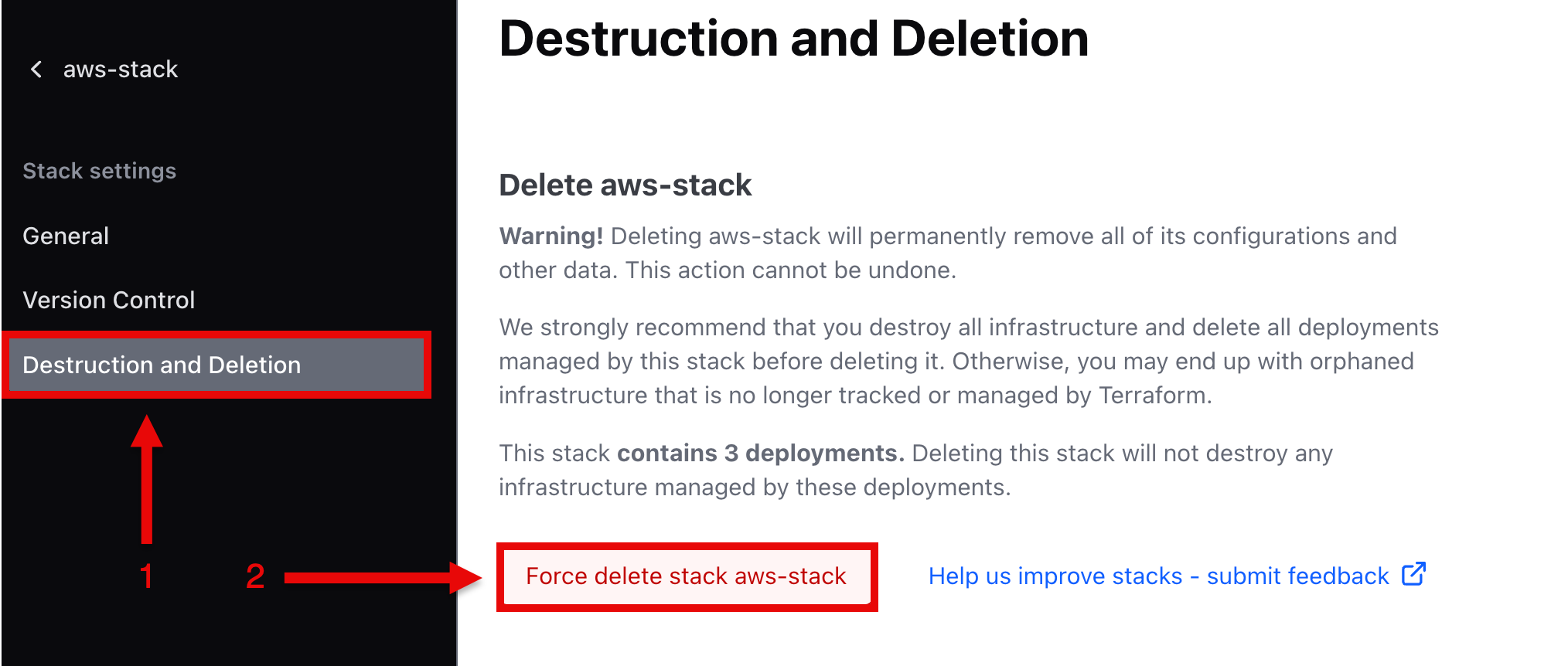 Delete the stack from HCP Terraform