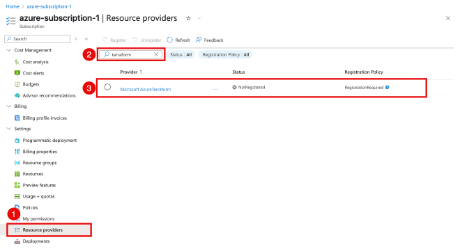 Enable the Microsoft.AzureTerraform provider for your Azure subscription