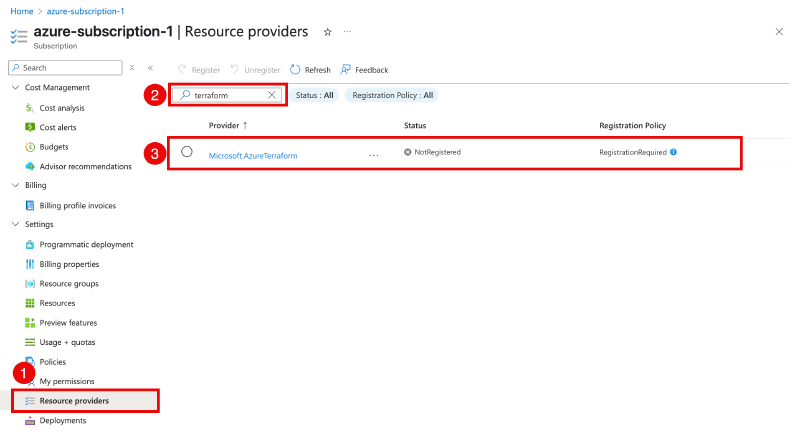 Enable the Microsoft.AzureTerraform provider for your Azure subscription