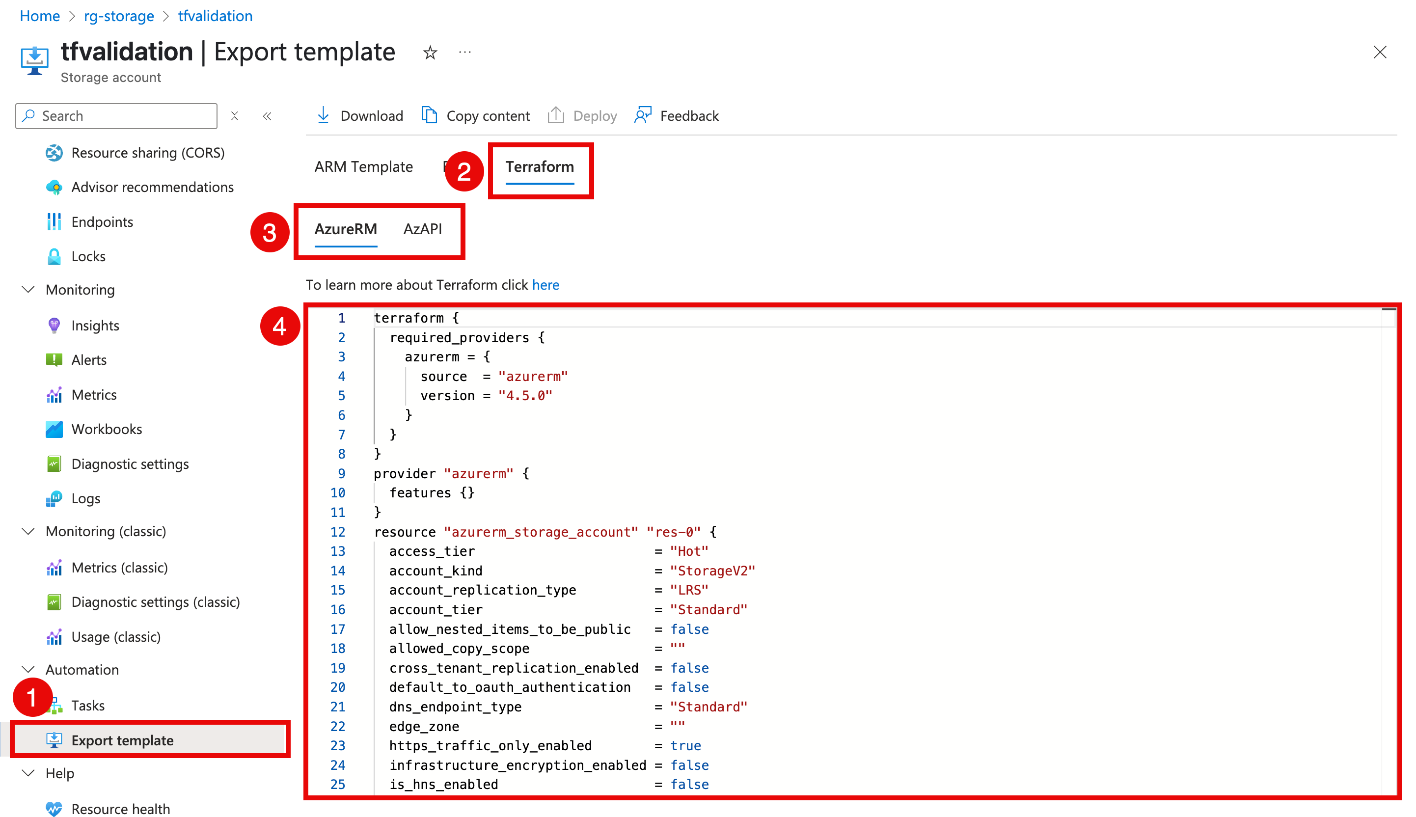Export an Azure storage account as Terraform code