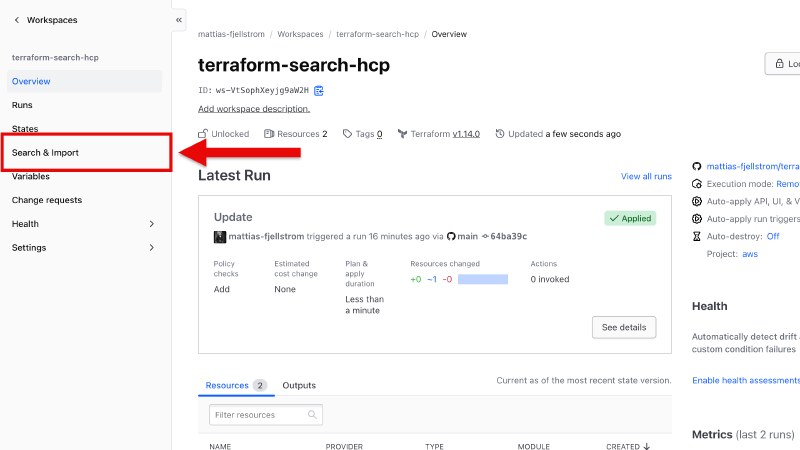 From the workspace overview page, click on search & import