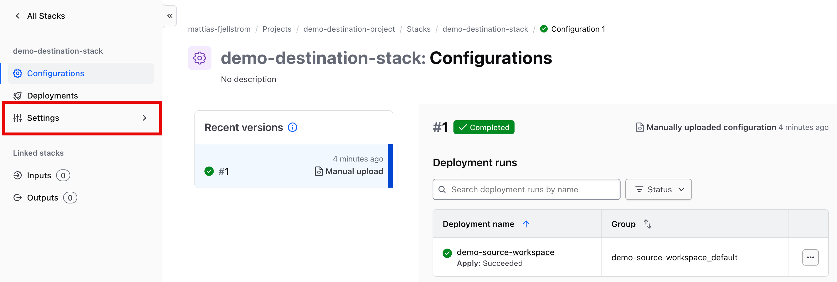 Go to stack settings