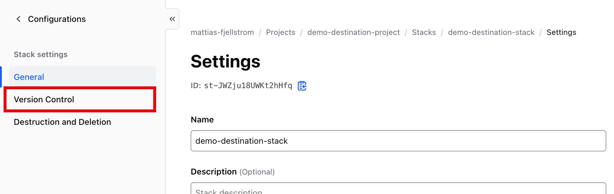 Go to stack VCS settings