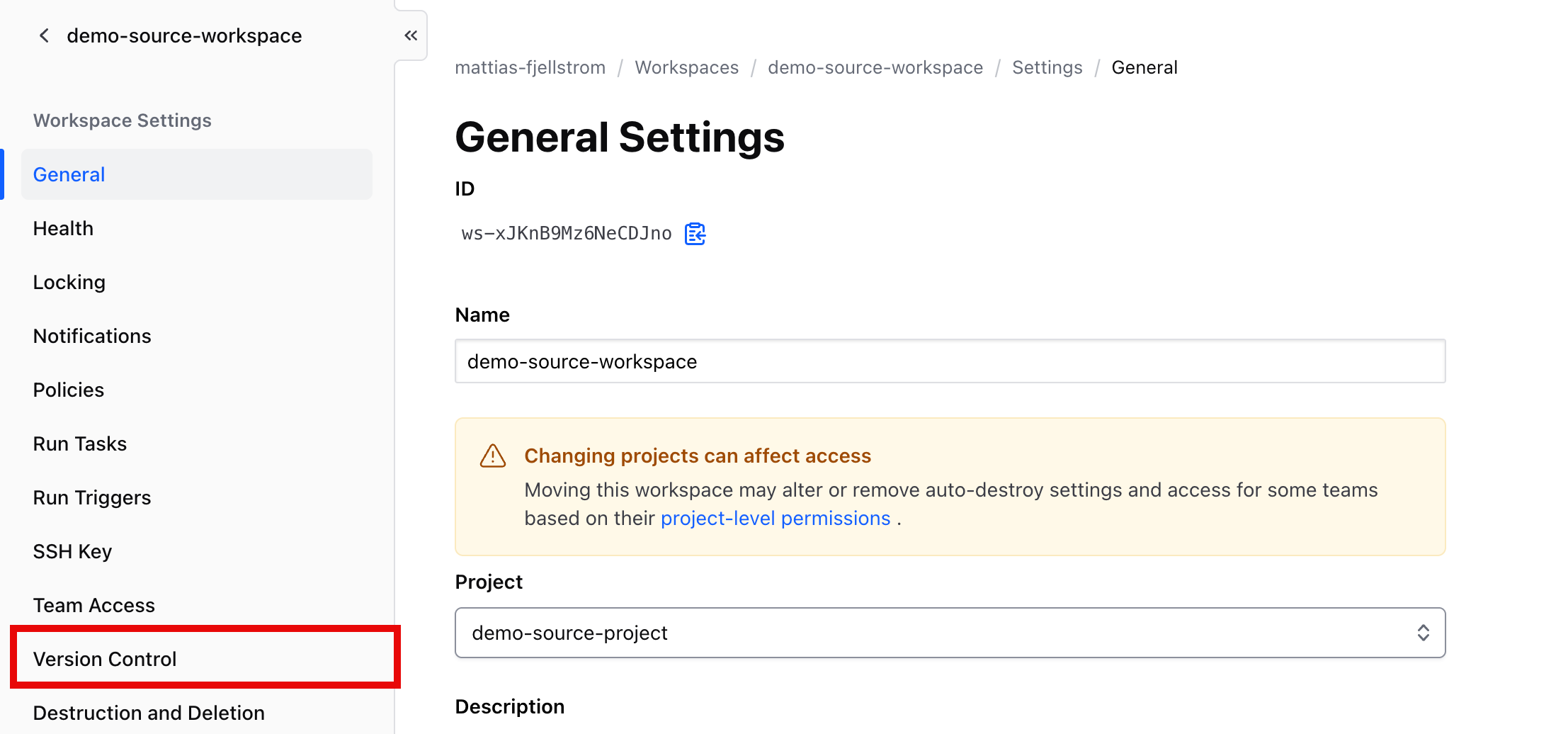 Go to version control settings for the workspace