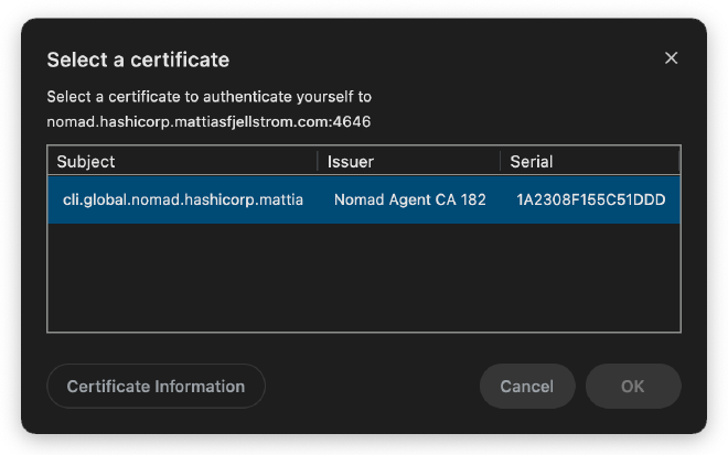 Asked to provide a certificate to access the Nomad UI