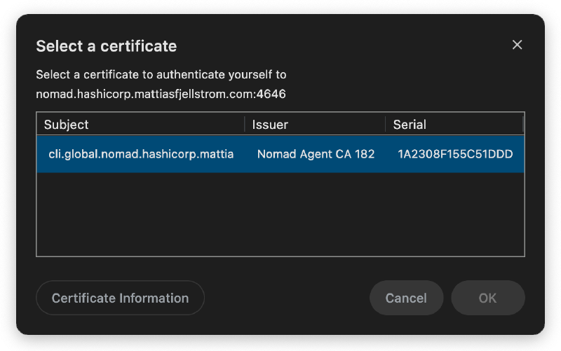 Asked to provide a certificate to access the Nomad UI