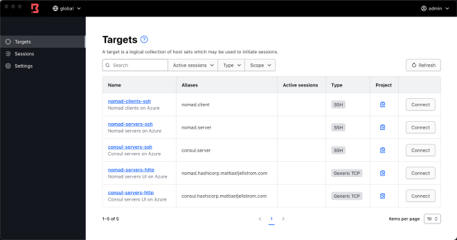 A list of Boundary targets in the Boundary desktop client