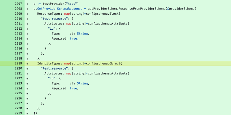 Snippet of the pull request on GitHub showing IdentityTypes for a test provider