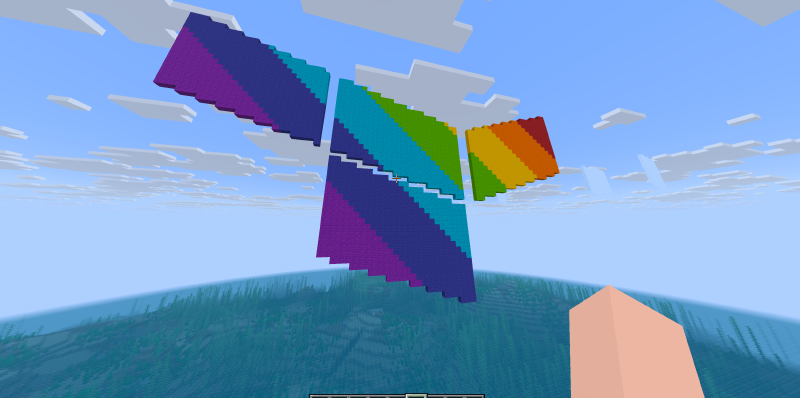 A Terraform logo in rainbow colors in the Minecraft world